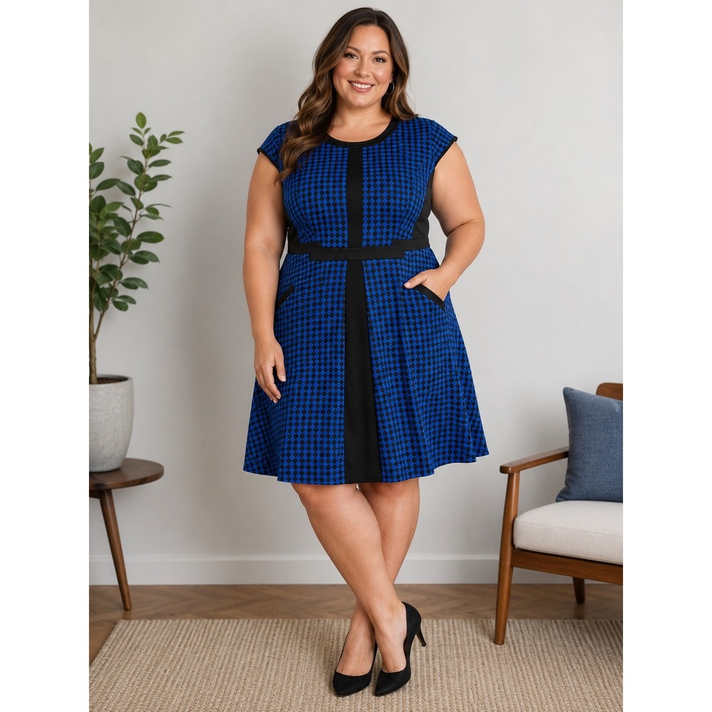 Julia Jordan Womens Blue Black Geometric Fit Flare Pocket Dress Size 20 retro